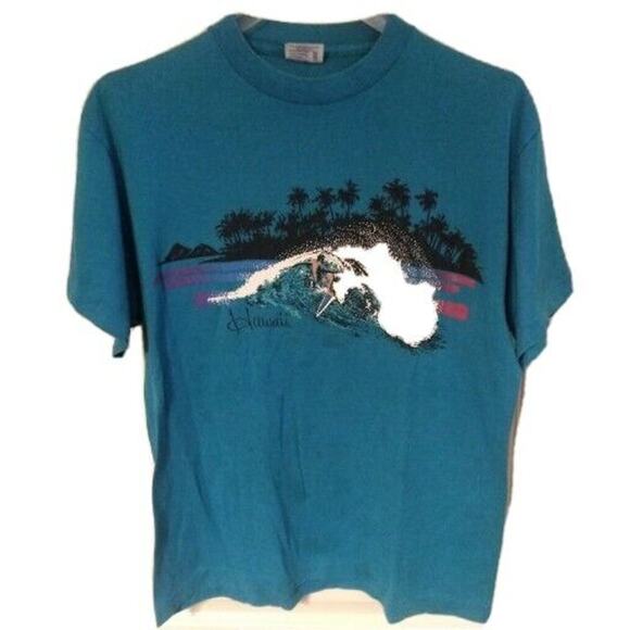 Hawaii Surfing Turquoise vtg Design Tees Single Stitch t shirt Tag XL Fits Small - Picture 1 of 3